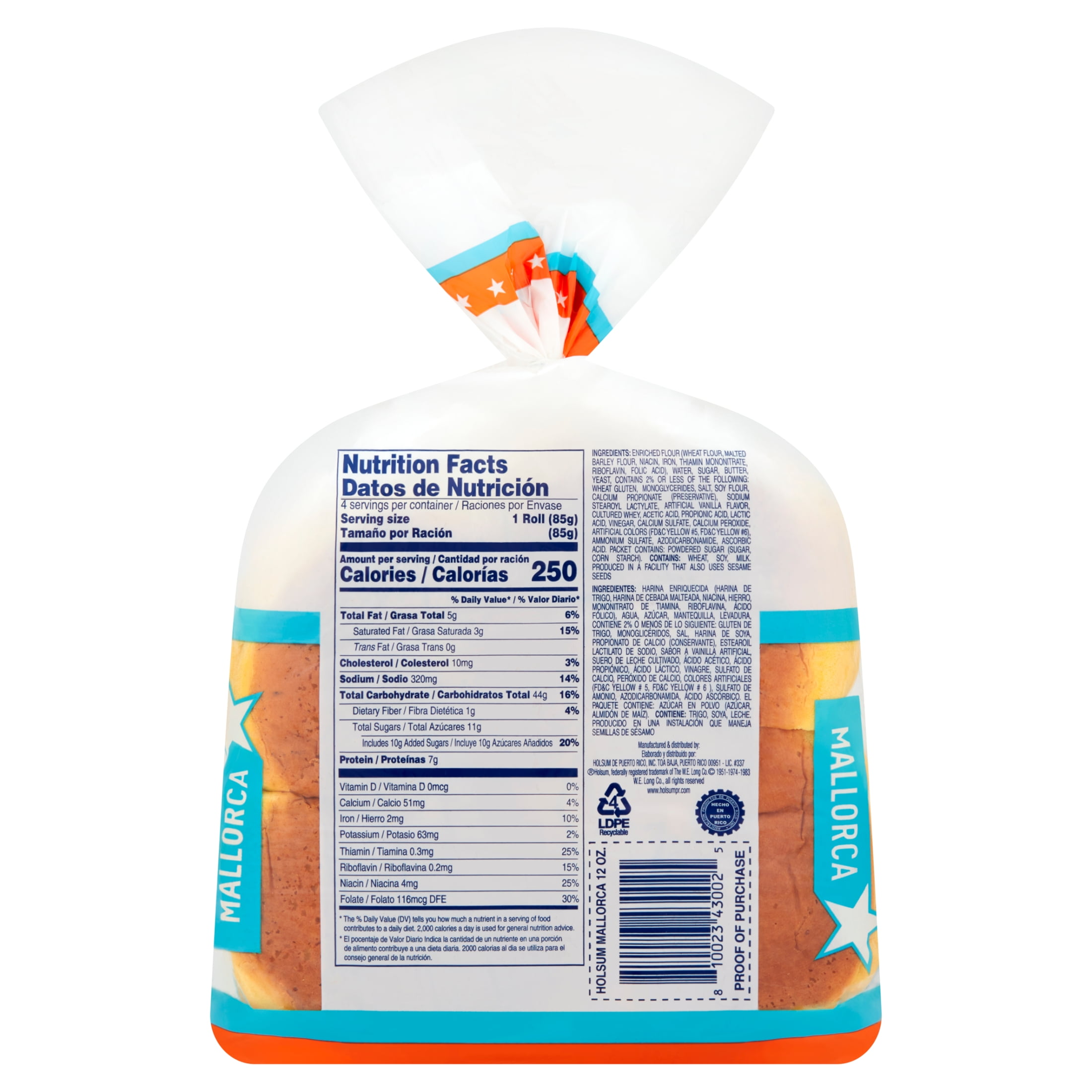 Holsum, Mallorca Bun with Sugar Pack, 12oz, 4 Count, Regular Size, Shelf Stable, Bag