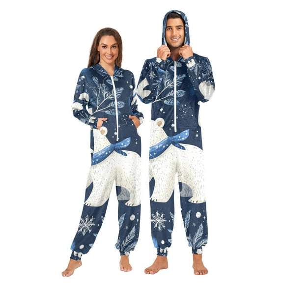 Leaves Polar Bears Adult Onesie Pajamas Slim Fit Christmas One Piece Suit Pjs for Women and Men Hooded Zipper