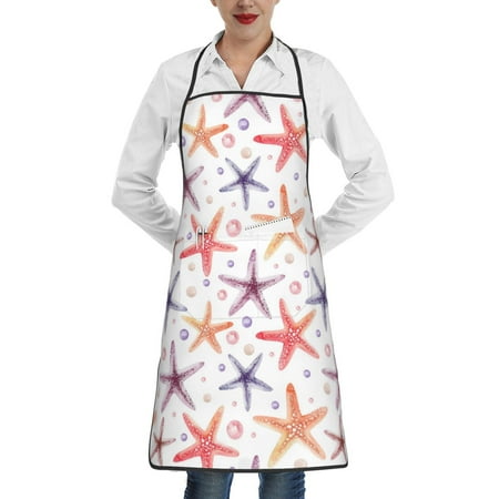 

Qekee Starfish 1 Print Adjustable Bib Apron Resistant with Pocket Cooking Kitchen Aprons for Women Men Server Chef Apron