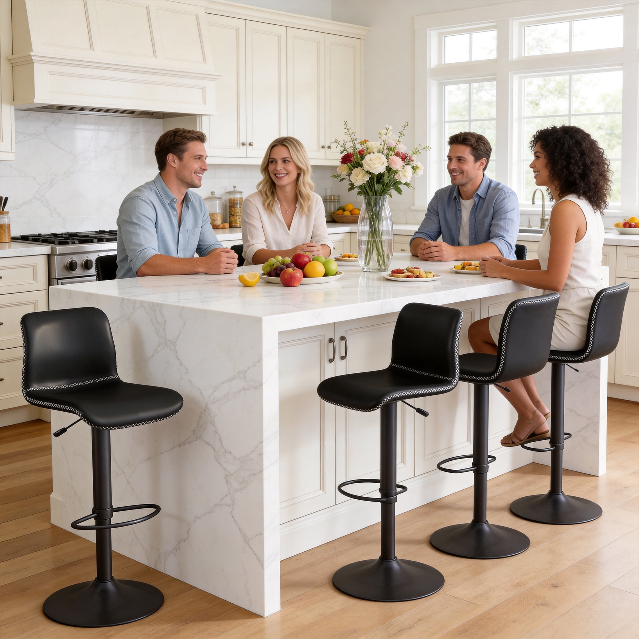 FIRAVOE Swivel Bar Stools Set of 4, Counter Height Bar Stools with Back, Adjustable Bar Stools 24" to 32", Black Leather Kitchen Barstools Counter Stools Island Bar Chairs