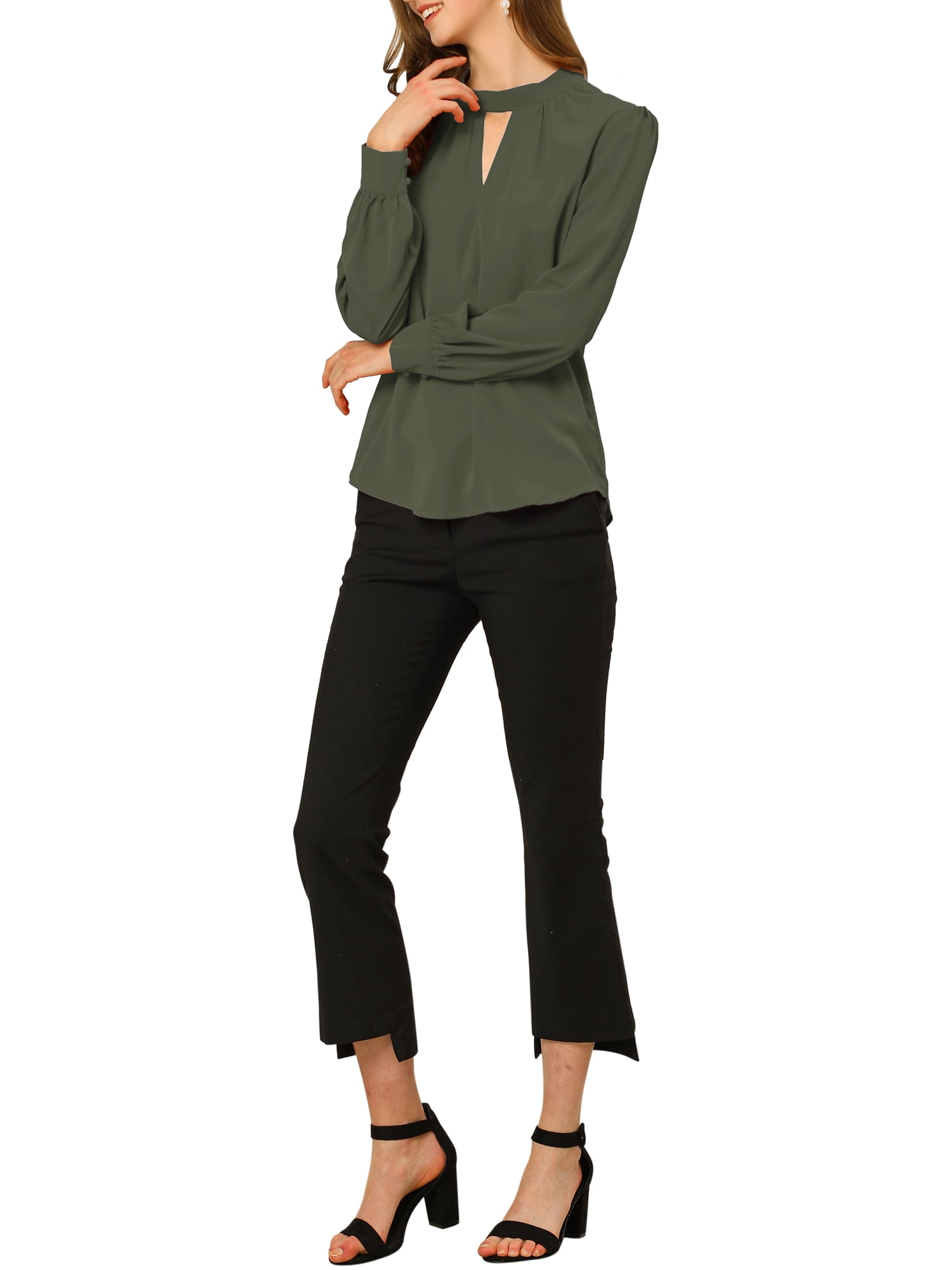DARING DIVA Women's Stand Collar Long Sleeve Office Blouse XL Dark Green