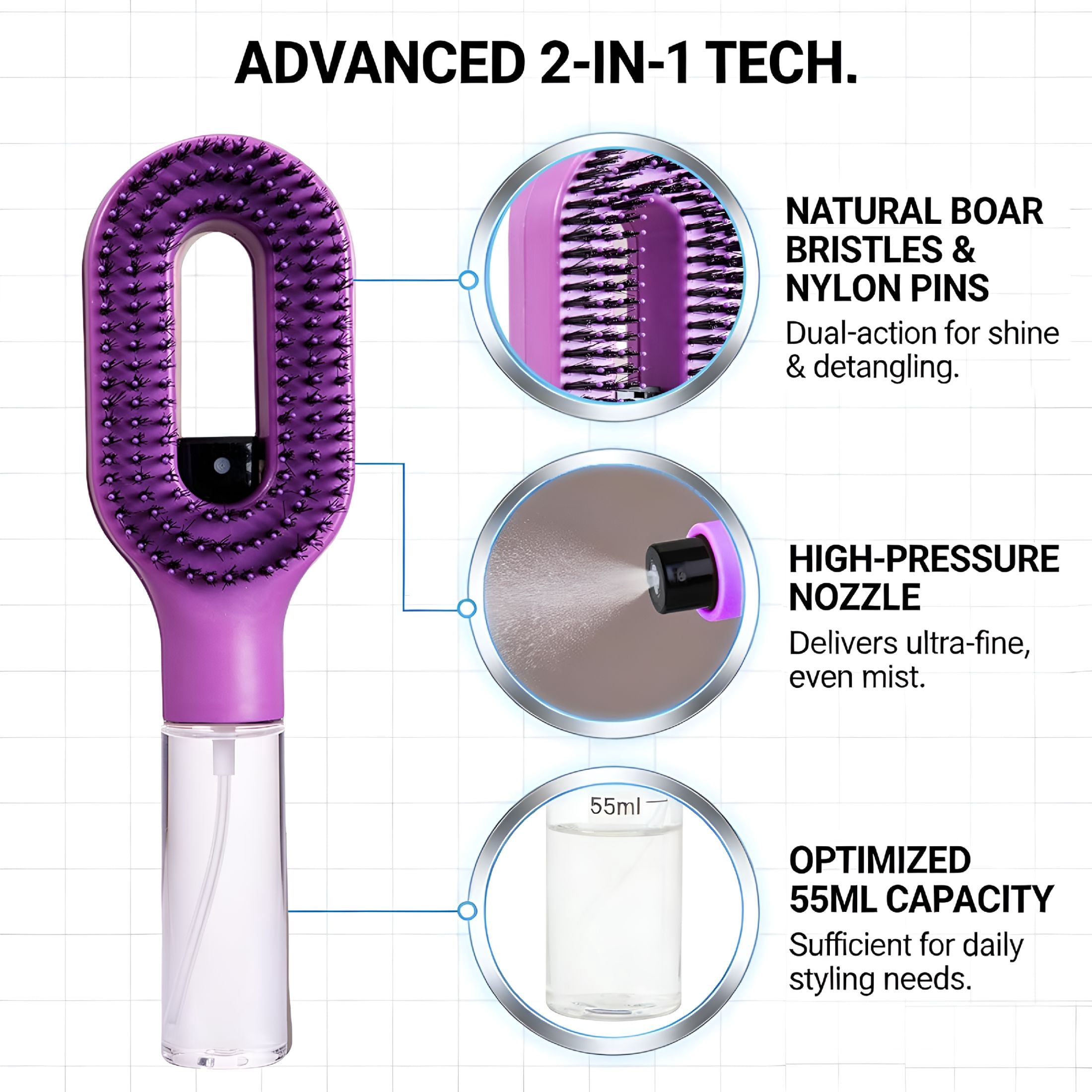 ACDANC Hair Brush with Water Spray Mister-2-In-1 Detangling Brush with Built-In Fine Mist,Portable Wet&Dry Styling Tool for Smooth,Frizz-Free Hair-Quick Refresh for Women&Girls On-The-Go