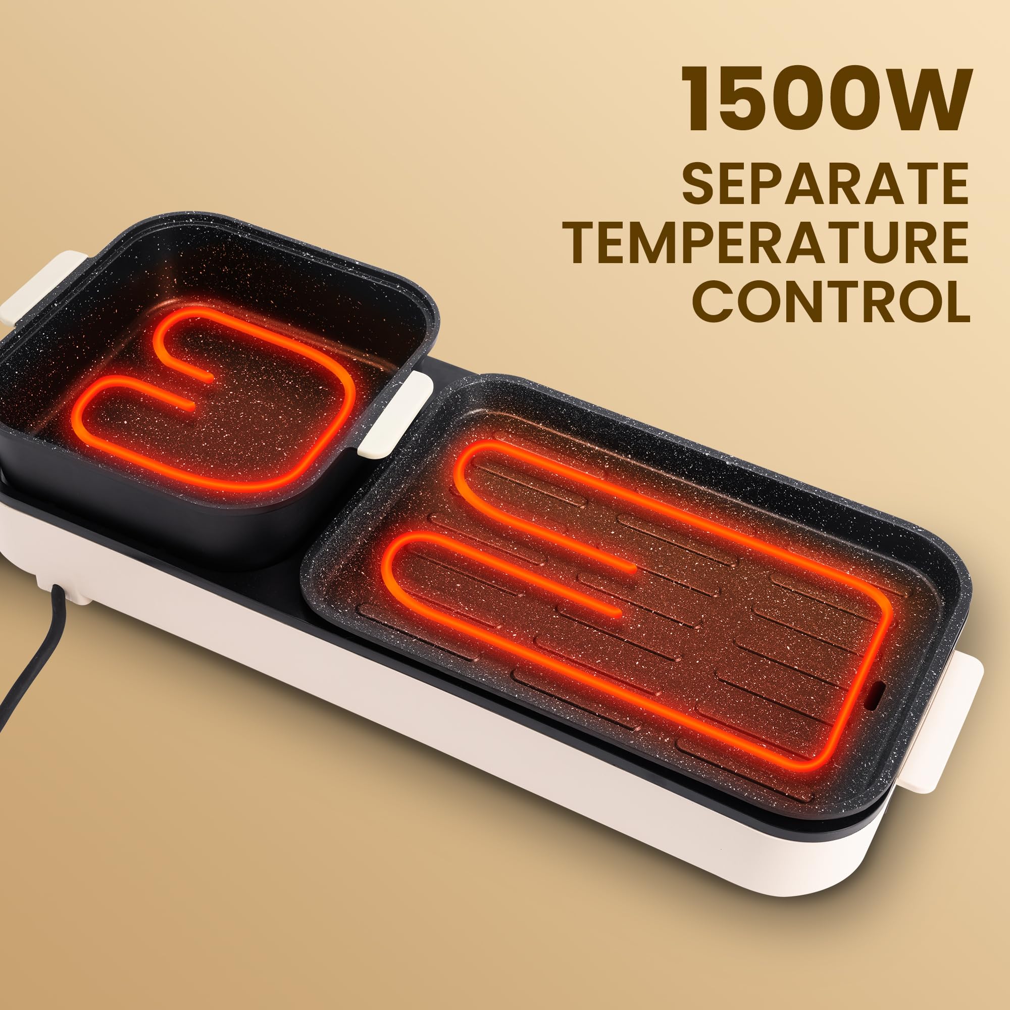 SUSTEAS 2-in-1 Electric Hot Pot with Grill: 1500W Non-Stick Removable Plate, Temperature Control for Indoor Grill for Korean BBQ, Beige