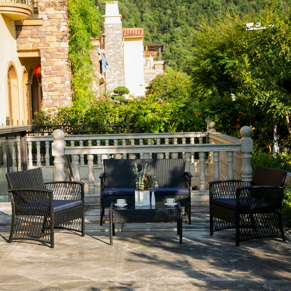 Polytrends Madison Outdoor 4-Piece Rattan Patio Furniture Chat Set Black/Navy