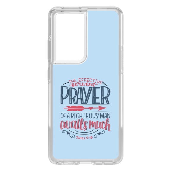 DistinctInk Clear Shockproof Hybrid Case for Galaxy S21 ULTRA 5G (6.8" Screen) - TPU Bumper, Acrylic Back, Tempered Glass Screen Protector - James 5:16 - Effective Fervent Pray of a Righteous Man
