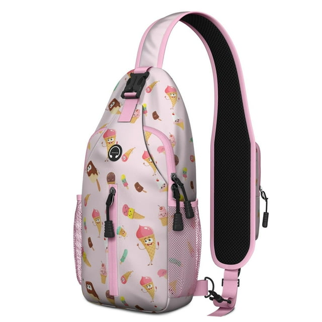 Life is Better with Ice Cream Sling Backpack, Cute Hand Drawn Frozen Dessert Crossbody Daypack with Summer Candy Style