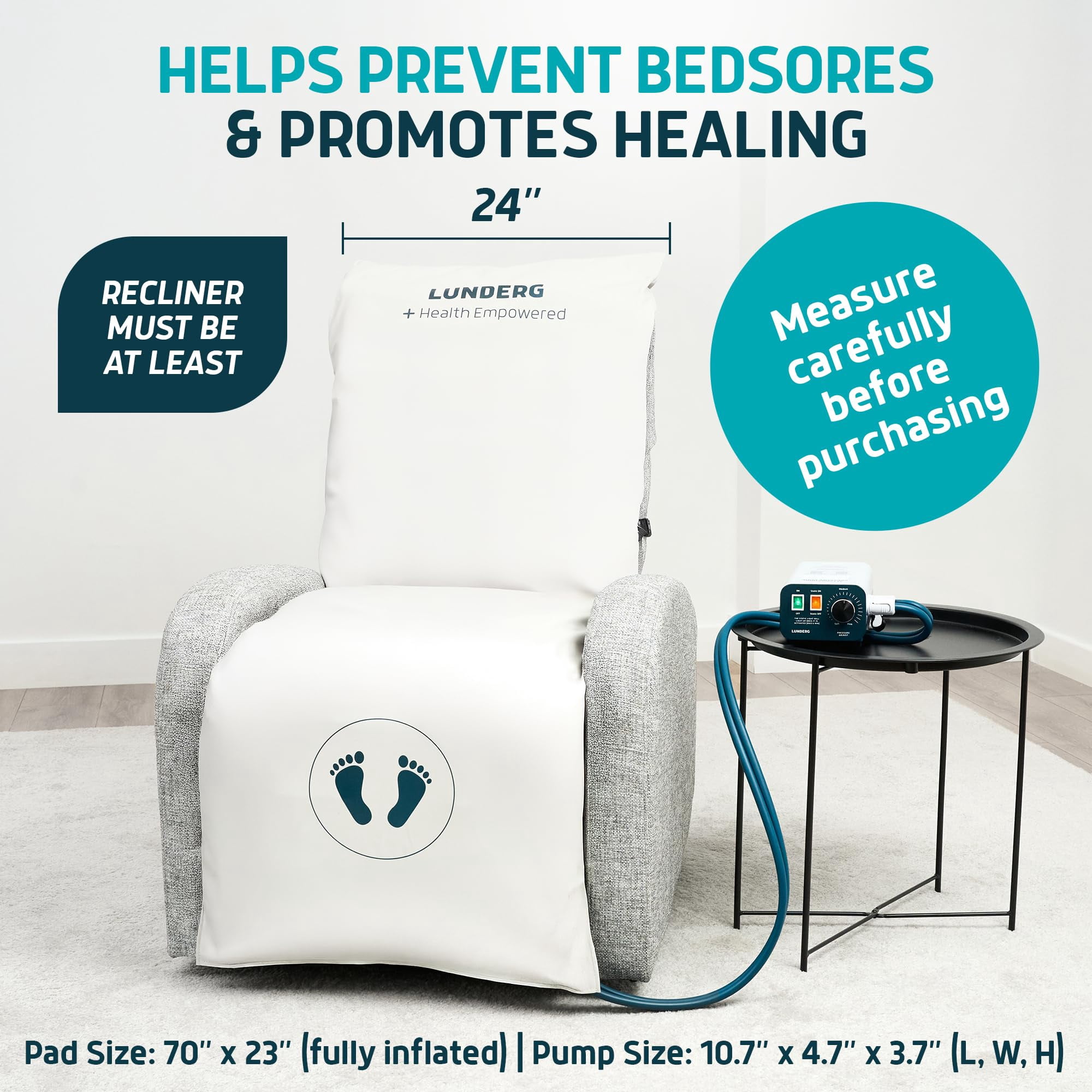Lunderg Alternating Air Pressure Pad for Recliner Chair - Pressure Relief Cushion Topper for Recliner - Bed Sore Prevention - Medical Grade Mattress Pad, Cover & Quiet Pump - Home or Hospital (Cream)