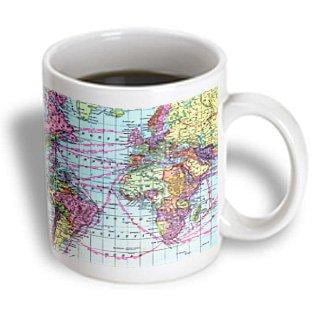 3dRose Colorful Vintage World Map - distance calculations between countries on lines - south america africa, Ceramic Mug, 11-ounce