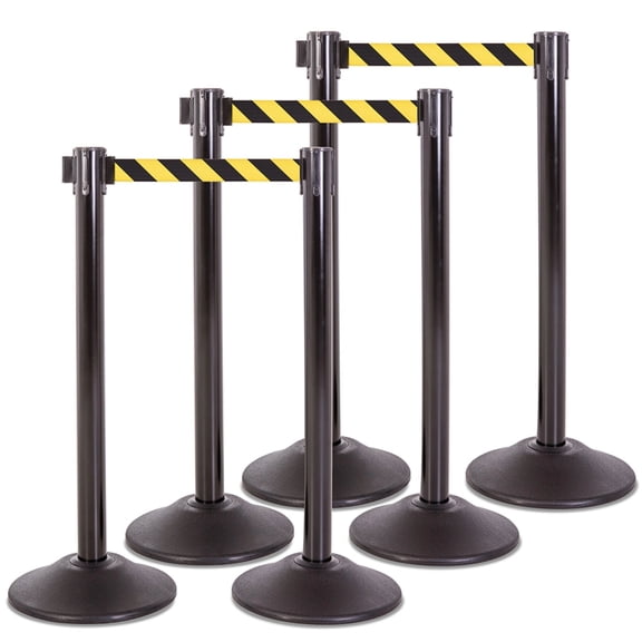 US Weight Heavy Duty Premium Black Steel Stanchion with Chevron 7.5-Foot Retractable Belt- 6 PK