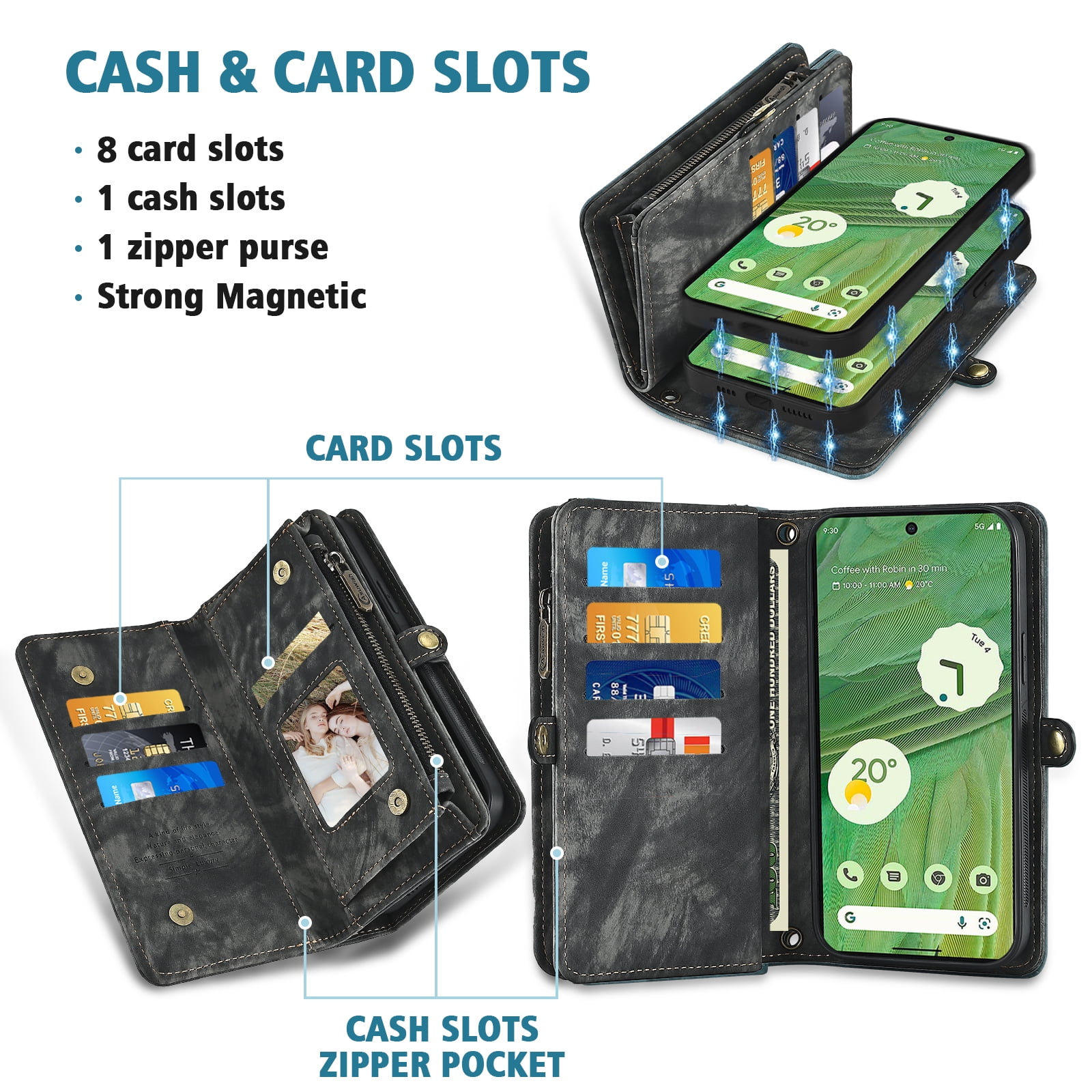 Asuwish Compatible with Google Pixel 7 5G Phone Case Zipper Wallet Detachable Tempered Glass Screen Protector Crossbody Strap Flip Card Holder Cell Cover for Pixel7 Pixle Seven 6.3 Women Girls Black
