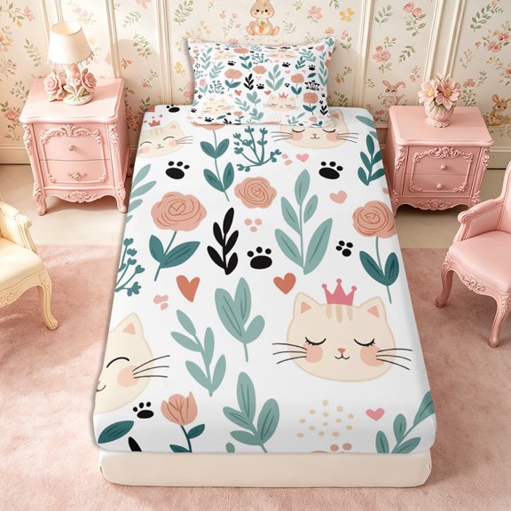 Manfei Kawaii Cat Twin Fitted Sheet 2 Pieces,Floral Pet Bedding,1 Fitted Sheet and 1 Pillowcase