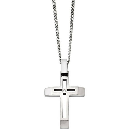 Primal Steel Stainless Steel Brushed and Polished CZ Cross Necklace, 22
