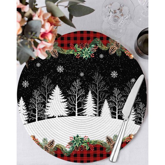 13 Inch Round Placemats Set of 6, Christmas Black Non Slip Heat Insulation PP Table Mats, White Xmas Tree Forest Poinsettia Buffalo Plaid Washable Place Mats for Kitchen Dining Party Table Decor