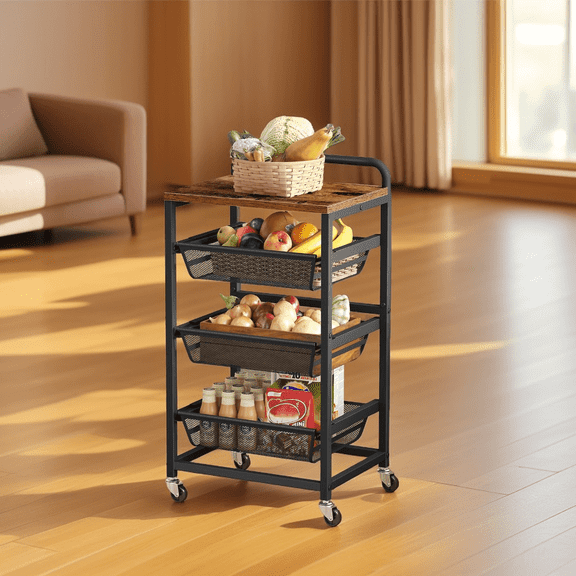 LEDREM 4-Tier Storage Cart with 3 Pull-Out Baskets, Mobile Kitchen Cart with Wheels and Handle, Rustic Brown and Ink Black