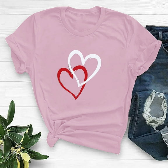 Yotami Women's Plus Size Love Tshirt Valentine's Day Round Neck Casual Summer Top Summer Heart Print Short Sleeve Gift for Her