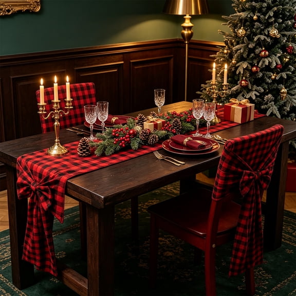 WWC Christmas Table Runner and Chair Cover Set, Red Plaid Cloth Chair Slipcovers, Christmas Decorations Chair Protector for Party and Dining Room