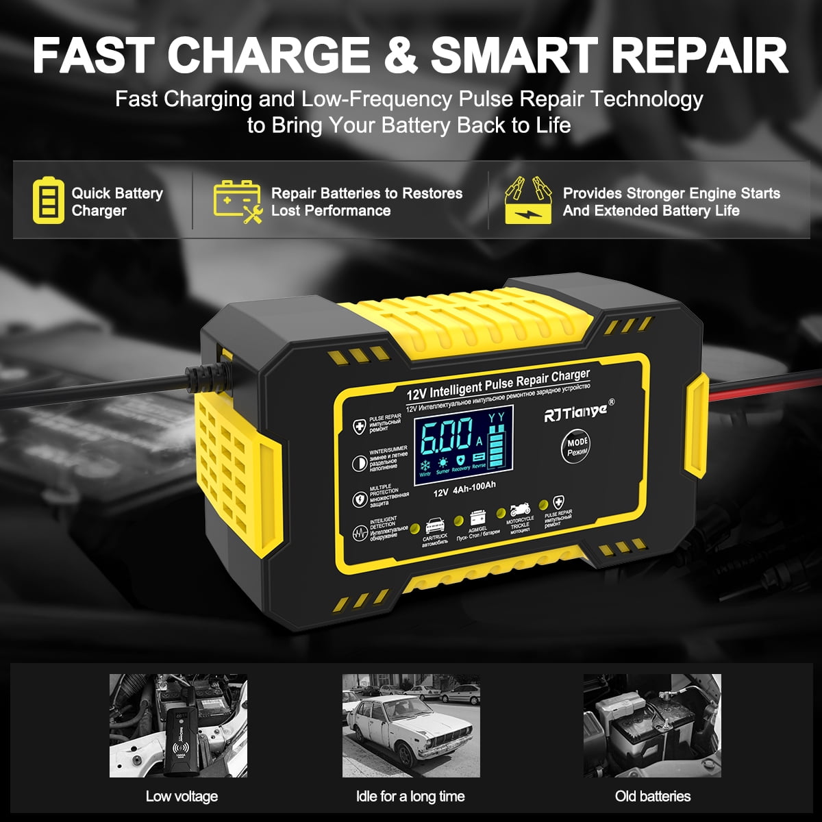 Automatic Battery Charger, 12V/6Amp Battery Maintainer, Smart Car Trickle Charger with Temperature Compensation Auto Stop for Car Truck Motorcycle Lawn Mower Boat Marine Lead Acid Batteries