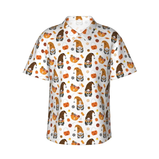 Fotbe Halloween Gnomes Camisa Hawaiana para Hombre Unisex – Camisa Casual de Verano con Botones de Manga Corta de Algodón y Lino,3X-Large