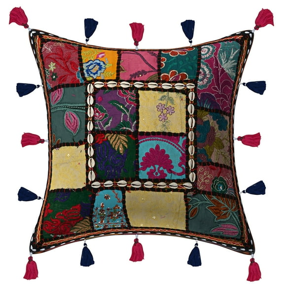 Stylo Culture Indian Settee Sofa Throw Pillow Cover 16x16 Embroidered Patchwork Cowrie Tassels Black Boho Hippy 40x40 cm Living Room Cotton Floral Square Cushion Cover | 1 Pc