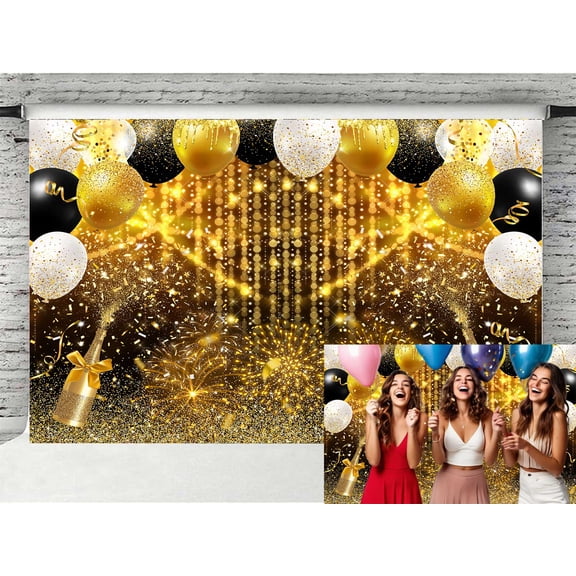 Black and Gold Glitter Party Photo Backdrop, Birthday Wedding Bridal Prom Graduation Balloons Party Decorations Photography Background Banner Photo Shoot Props New Year Cake Table Party Decor,5X3ft
