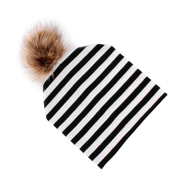 Gorro de invierno cálido para mujer y niña, gorro de punto con bola de pelo, gorro de esquí suave de algodón de ganchillo Negro blanco a rayas Yuyangstore gorro de mujer