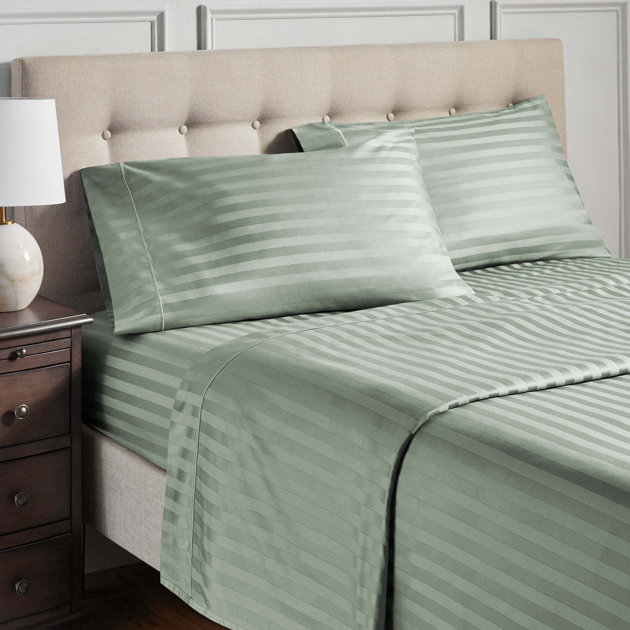 Hotel Style 4-Piece 600 Thread Count Green Stripe Egyptian Cotton Adult Bed Sheets, Queen-Deep Pocket