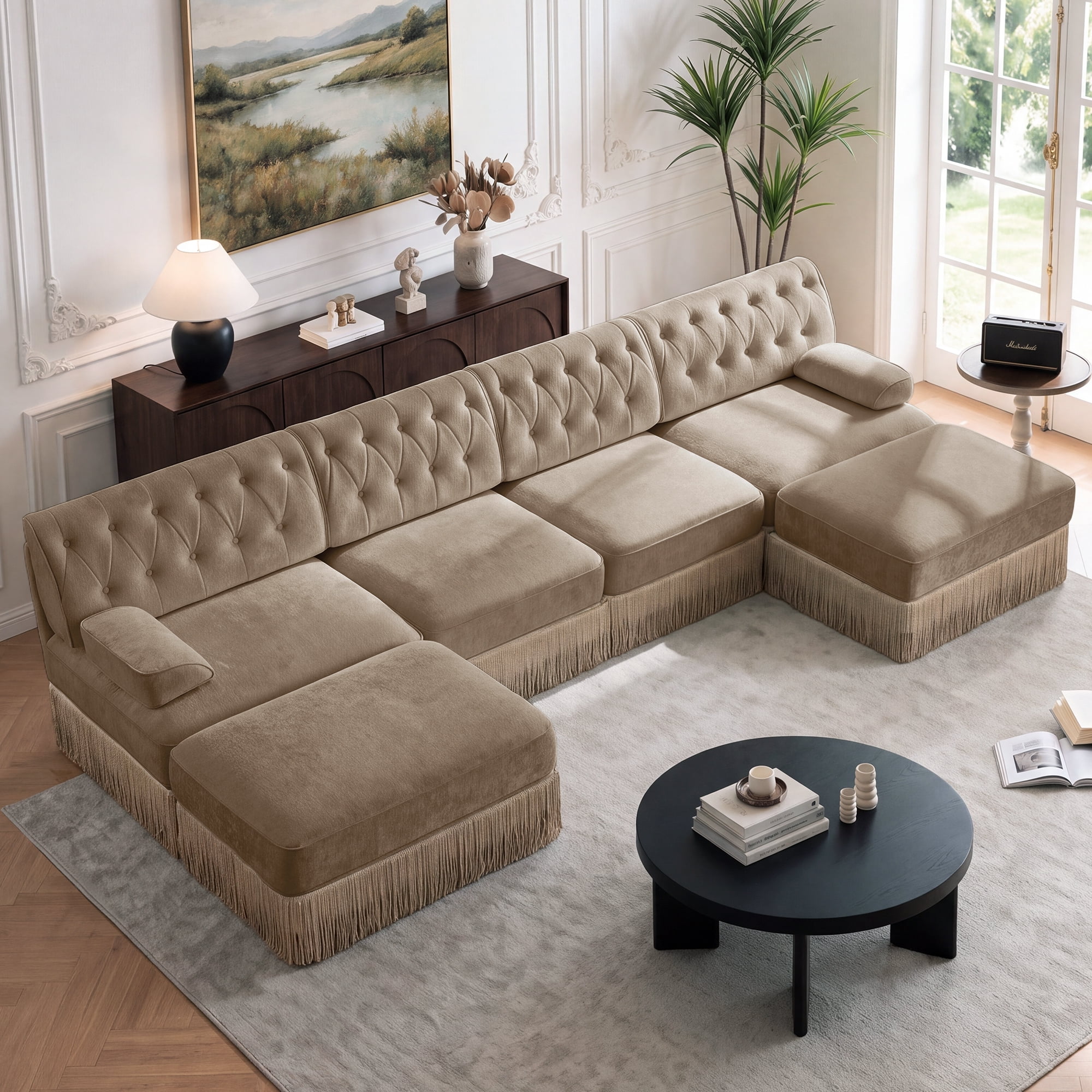 135" Chesterfield 4 Seater U-Shaped Modular Sectional Sofa Set with 2 Ottoman and Tassel Skirt, Easy to Assemble