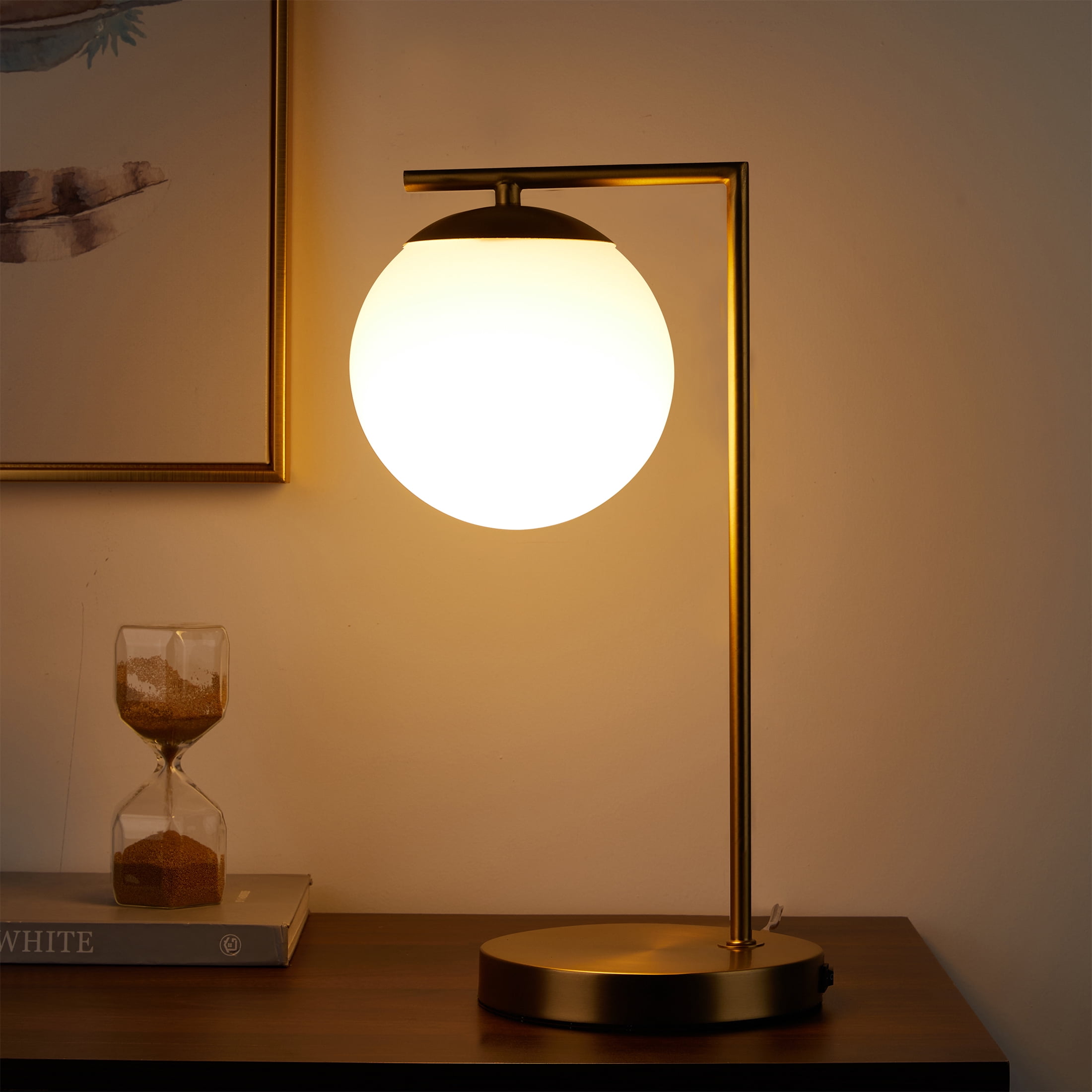 Better Homes & Gardens 17.5" Frosted Globe Desk Lamp with USB Ports, Brass