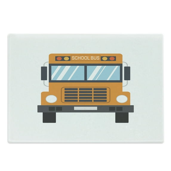 School Bus Cutting Board, Academic Life Orange Vehicle for Carrying Children Descriptive Caricature, Decorative Tempered Glass Cutting and Serving Board, in 3 Sizes, by Ambesonne