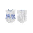 thumbnail image 2 of BemeyourBBs Newborn Baby Girls Summer Clothes Jacquard Bubble Romper Bow Decorated Ruffle Sleeveless Crew Neck Bodysuit Playsuit, 2 of 9