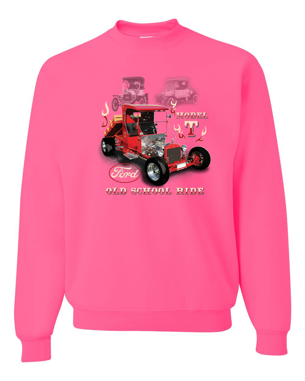 Wild Bobby Ford Model T Roadster 1923 Old School Ride Classic Vintage | Mens Cars and Trucks Crewneck Graphic Sweatshirt, Neon Pink, 2XL, Men's