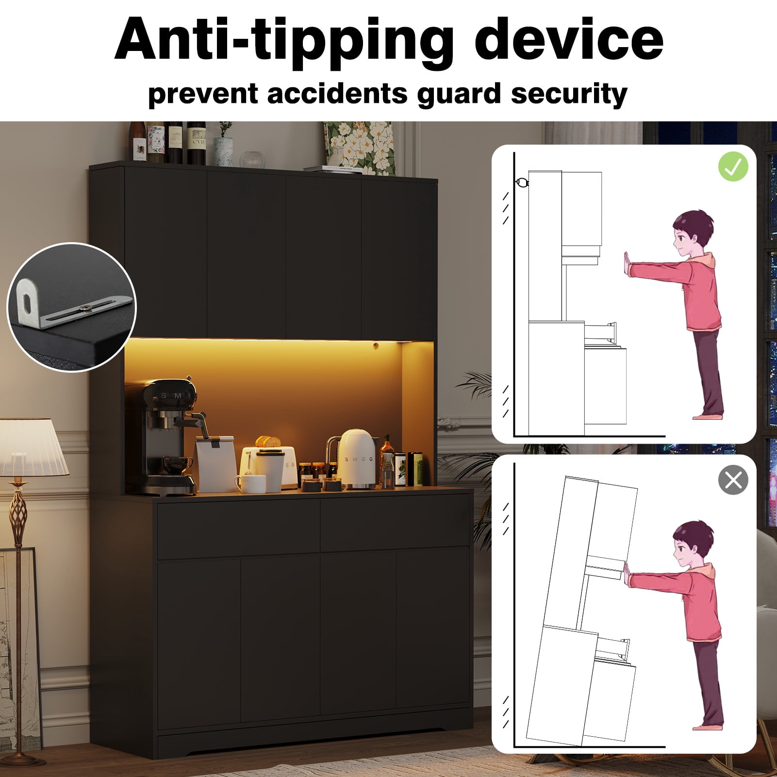 71'' Tall Coffee Bar Cabinet with LED Light & Power Charging Station, 47"W Modern Kitchen Pantry Hutch w/ 8-Door Storage Cabinet & 2 Drawers 4 Adjustable Shelves
