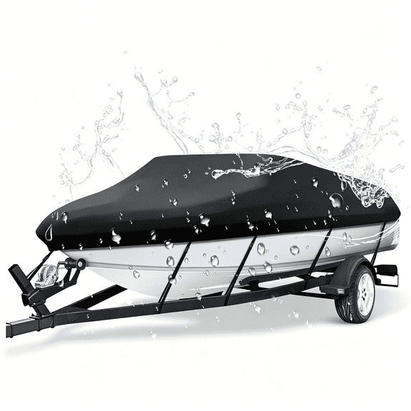 LADYGYM Trailerable Boat Cover Waterproof Heavy Duty Marine Grade Polyester Canvas Fits V Shape/V-Hull and Tri-Hull Runabouts,Bass Boats