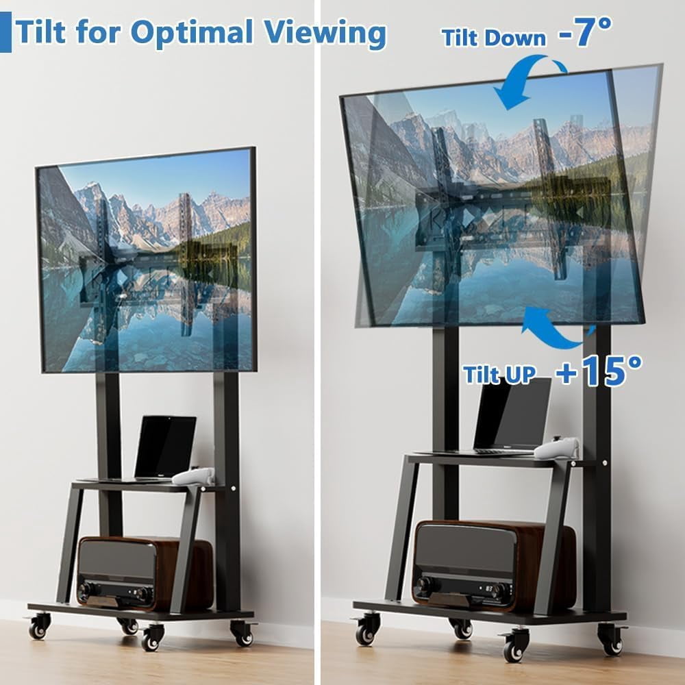Mobile TV Cart with Power Outlet, Rolling TV Stand on Wheels for 32-75 inch Television, Height Adjustable, 15 °   Viewing Angle,  130LBS, Vesa 600x400
