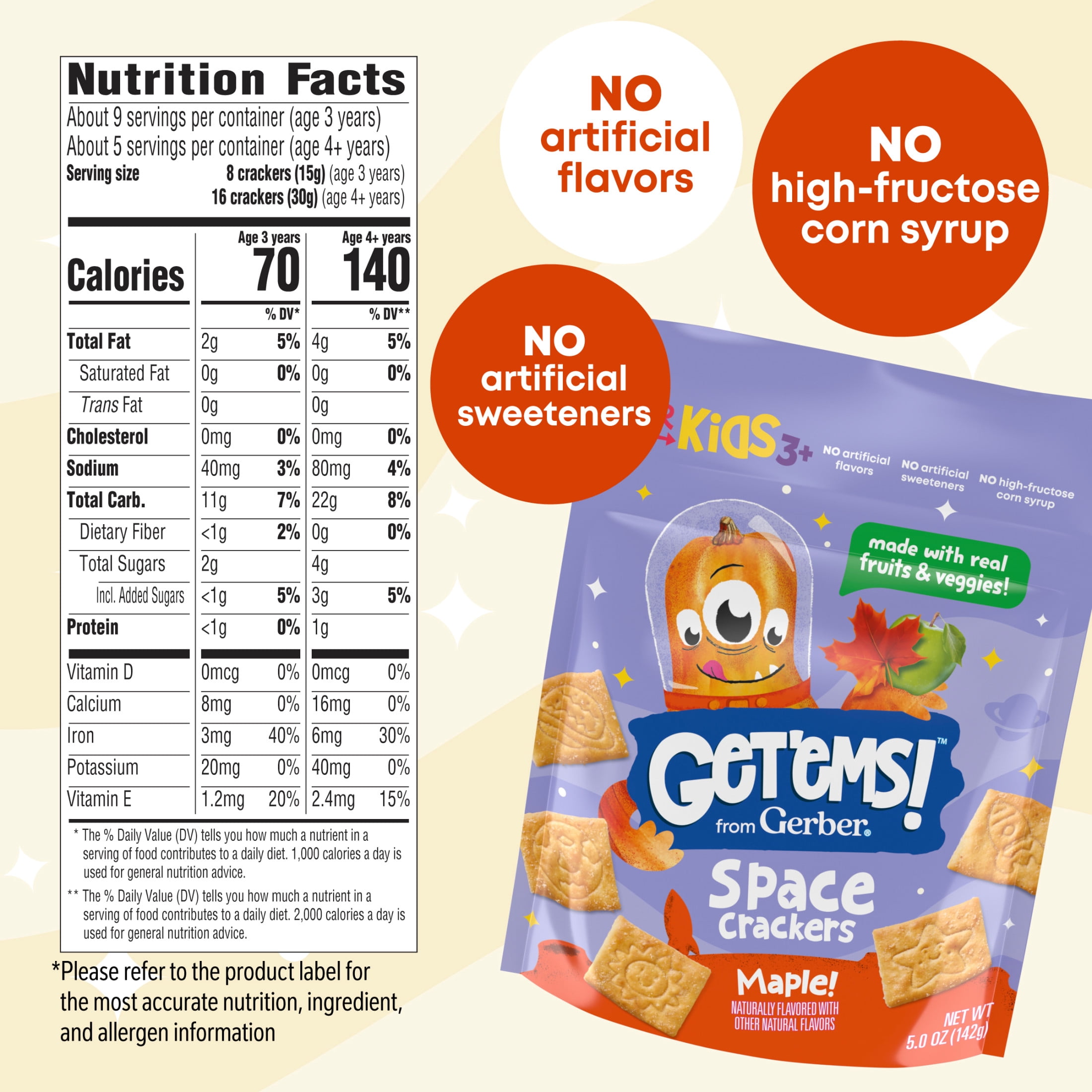 (2 pack) Get'ems from Gerber Maple Flavor Snack Crackers, Kids Snack Made with Real Veggies & Fruits, Iron & Vitamin E
