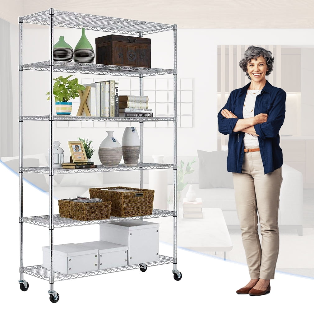 BestOffice 82"x45"x18" 6 Tire Wire Shelving Unit NSF Storage Shelves Large Heavy Duty Metal Shelf Organizer Height Adjustable Steel Rack 2100 LBS Capacity with Wheels (Chrome)
