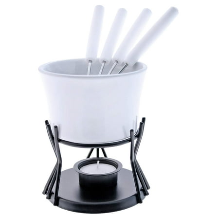 Chocolate Bowl Kindle 7 Piece Chocolate Fondue Set, White, Set includes a 9.5 ounce ceramic bowl, black metal stand with candle holder, four fondue forks with white handles, tea.., By Swissmar ()