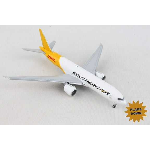 Boeing 777F Commercial Aircraft with Flaps Down "Southern Air - DHL" White and Yellow 1/400 Diecast Model Airplane by GeminiJets