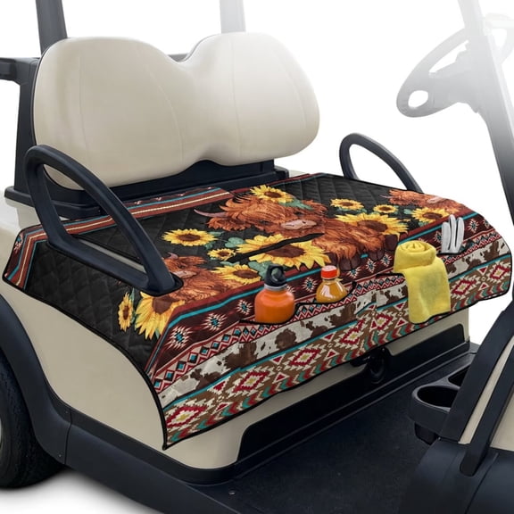 Xixirimido Quilted Golf Cart Seat Blanket Portable Heavy Duty Golf Cart Seat Cover Towel with Carry Handle for EZGO Yamaha Club Car & More Foldable, Aztec Highland Cattle Cowhide Sunflower