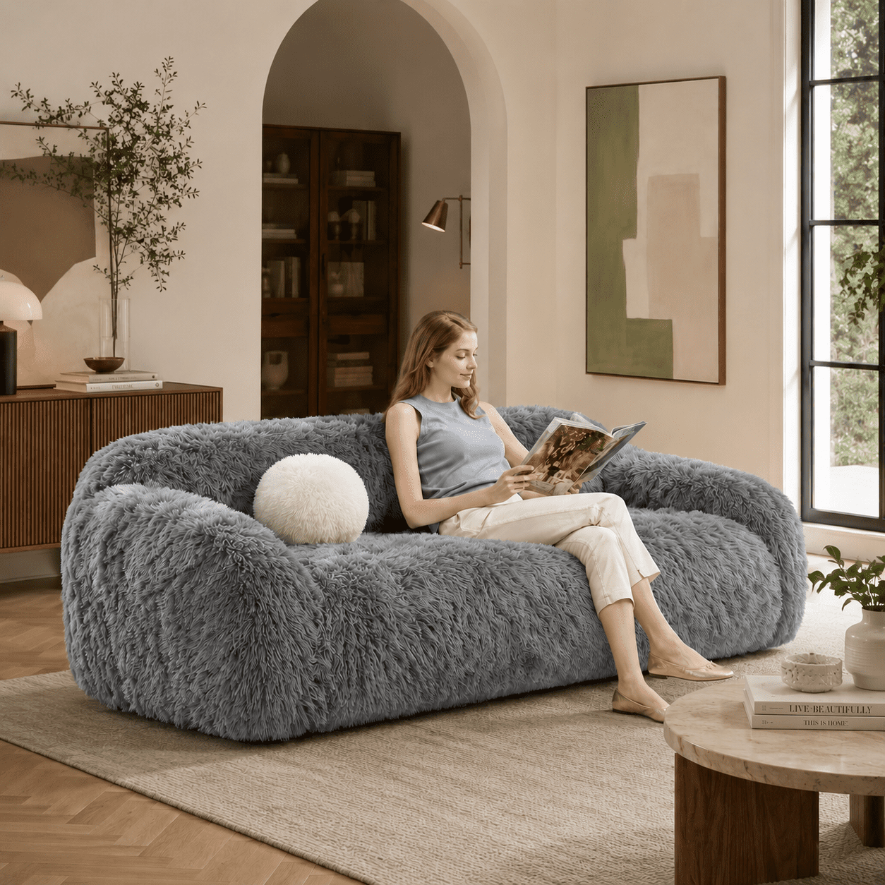 Aenkyo 84 Inch Plush Faux Fur Sofa, 25 Inch Deep Seat 3-Seater Couch with Ball Pillow, Gray