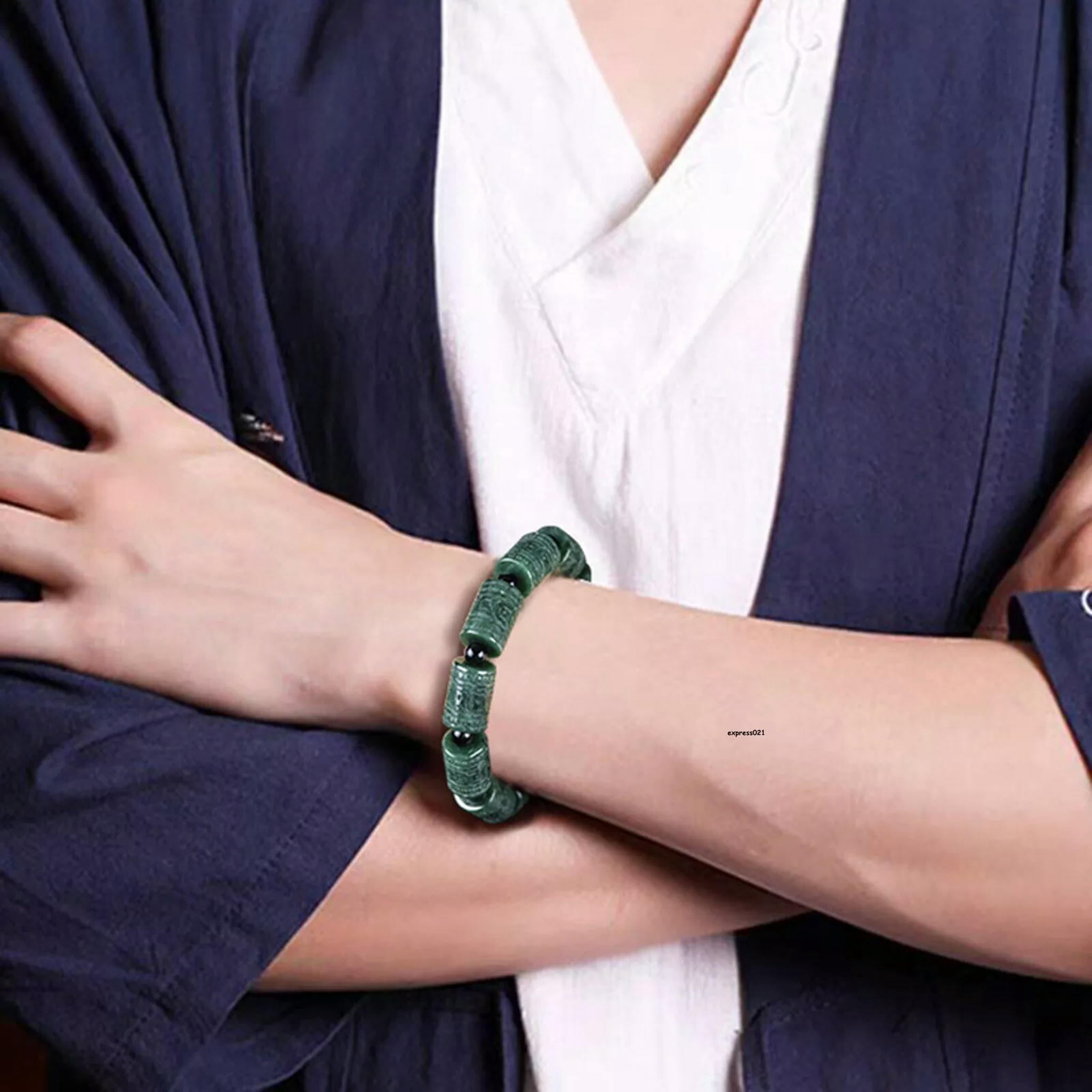 HOOUN Natural Grade A Jade Jadeite Men Women Carved Coin Column Round Beads Bracelet