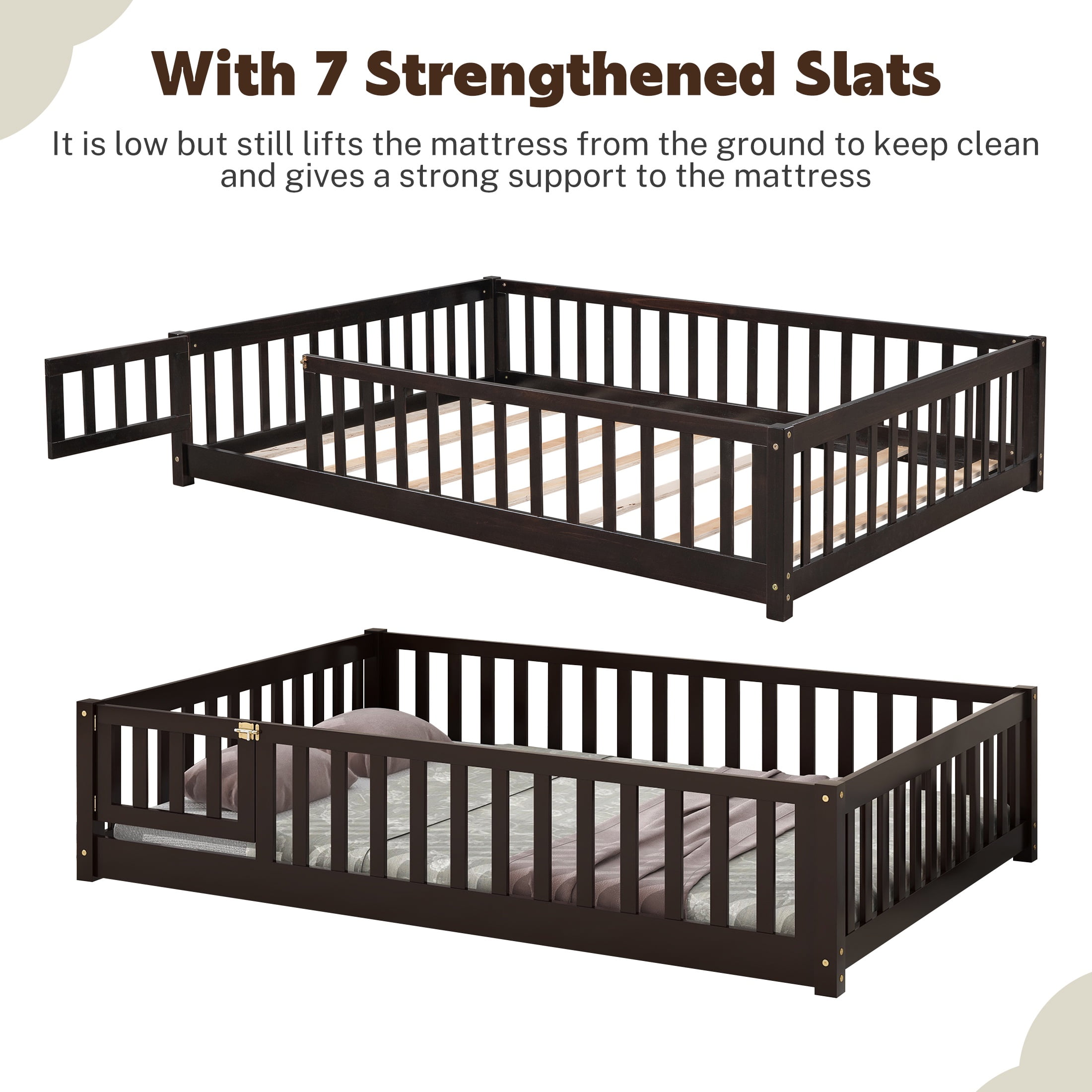 PAPROOS Full Montessor Floor Bed, Solid Wood Toddler Bed with Safety Guardrail and Door, Easy Assembly, Low-to-Floor Bed Frame with Slats for Kids, Espresso