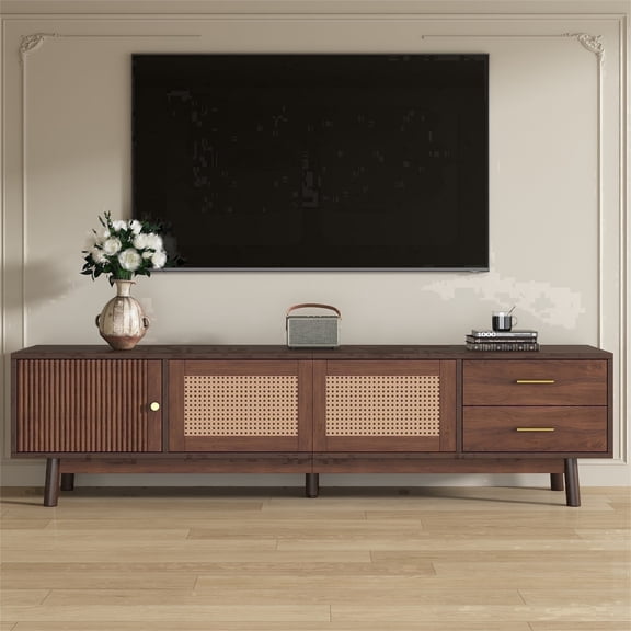 Bbbnuuiy Brown TV Stand with Storage, Walnut Brown TV Stand for TVs up to 80", Mid-Century Modern Television Stand with Power Outlet, Sliding Doors and Drawers, Walnut TV Table