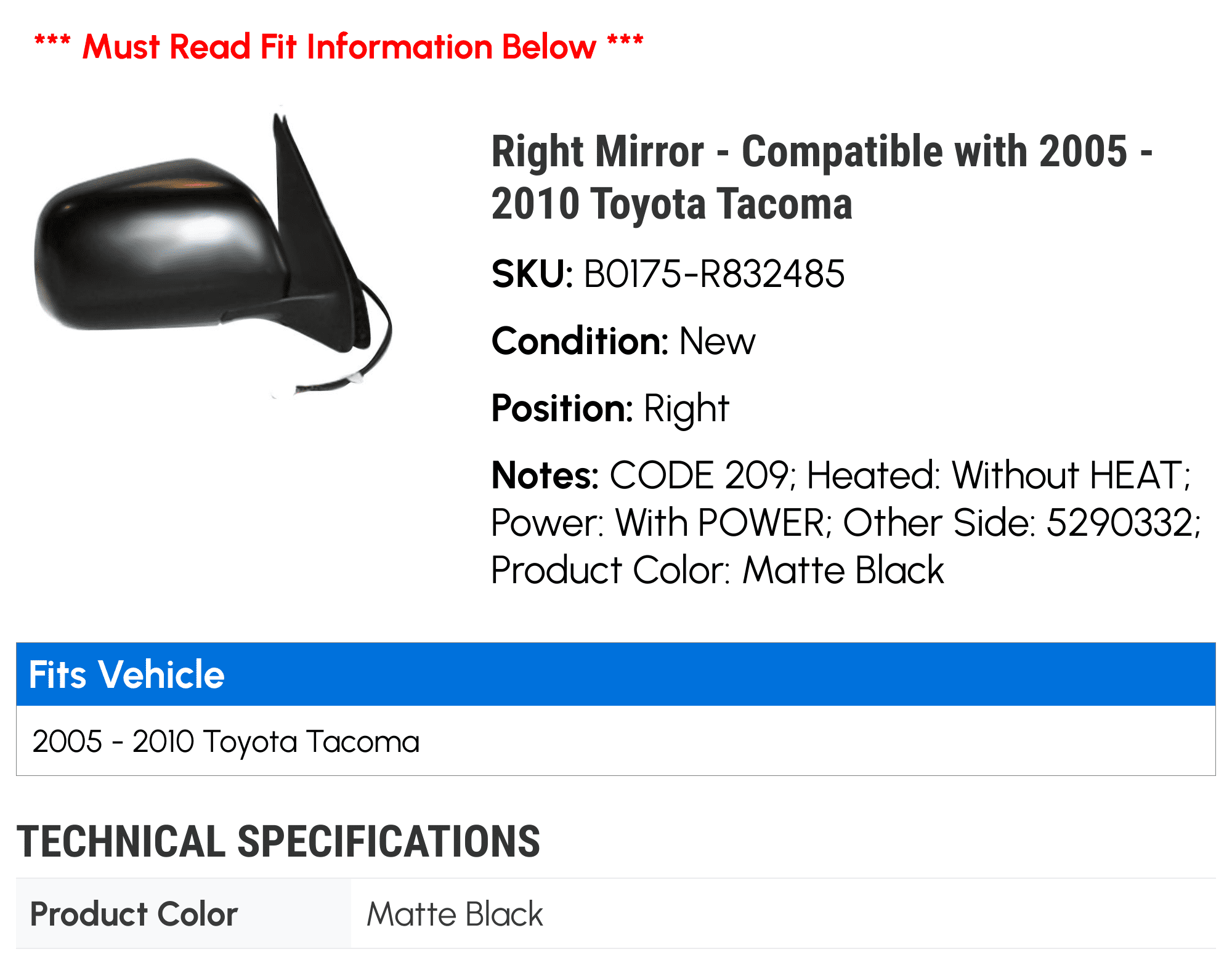 Passenger Side Power Mirror Replacement For 2005-2011 Toyota Tacoma - Right Side, 3-Pin, OEM Fit 8791004180C0 4 thumbnail image