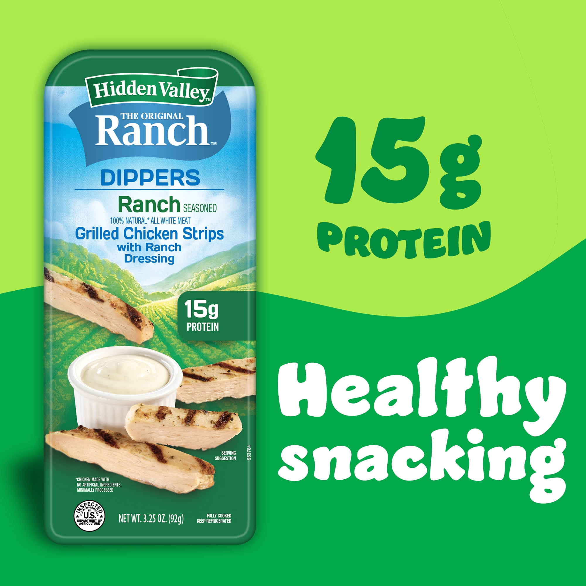 3.25 oz Hidden Valley Ranch Dipper, Fully Cooked and Chopped Chicken and a Cup of Ranch Dipping Sauce, Inside a Heat Sealed Molded Plastic Tray