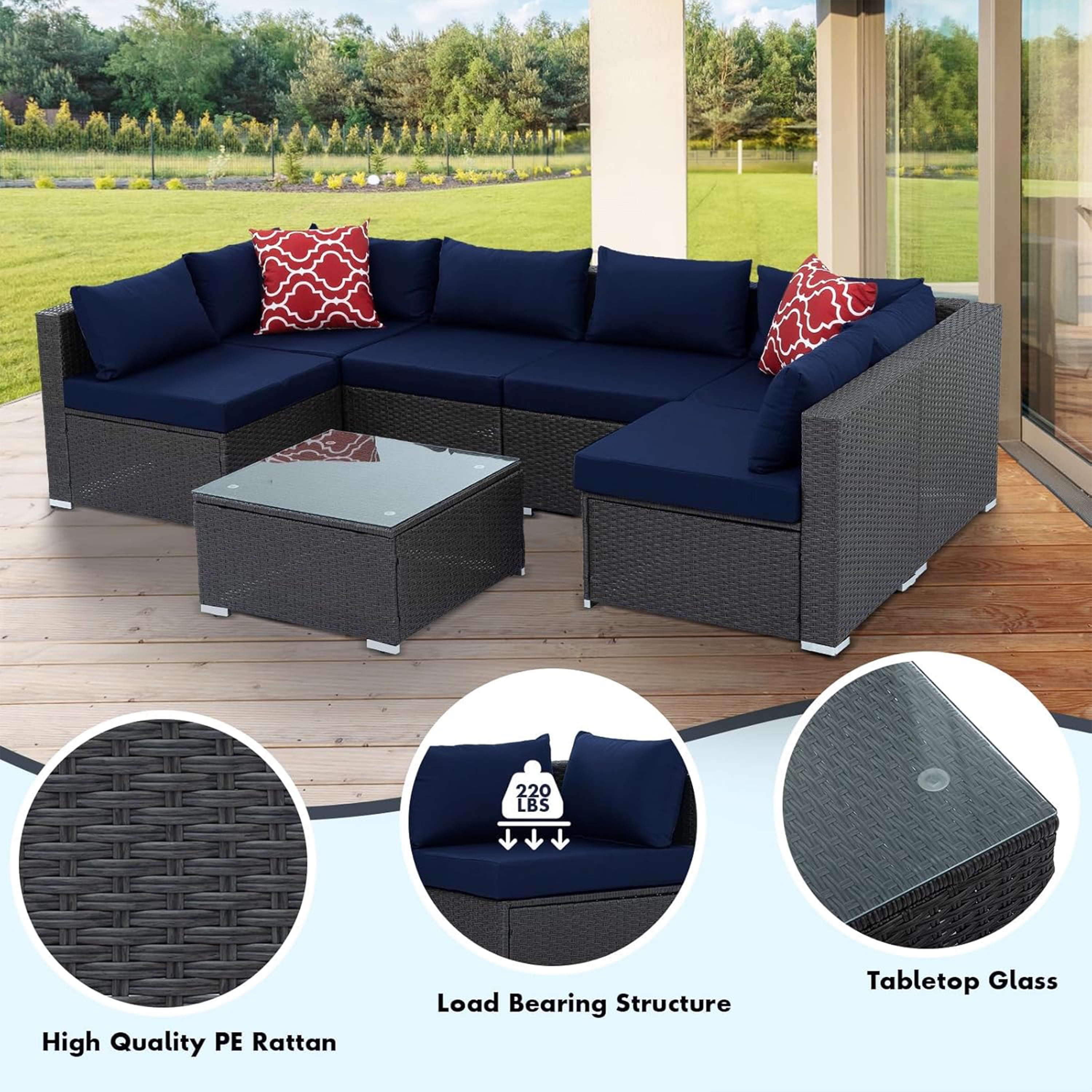 Furnibear 7 Pieces Outdoor Patio Sectional Sofa Couch, Black Wicker Patio Furniture Conversation Sets with Washable Cushions & Glass Coffee Table for Garden, Poolside, Backyard