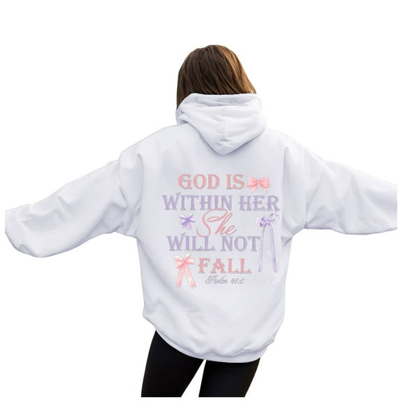 zaveiop God Is within Her She Will Not Fall Hoodie Christian Hoodies for Women Bible Verse Sweatshirt Pullover Top (White, 3XL)