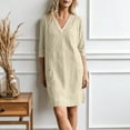 thumbnail image 5 of Vetsdori Women's Solid Color V-Neck Lace 3/4 Sleeve Linen Shift Dress Casual Flowy Summer Casual, 5 of 9