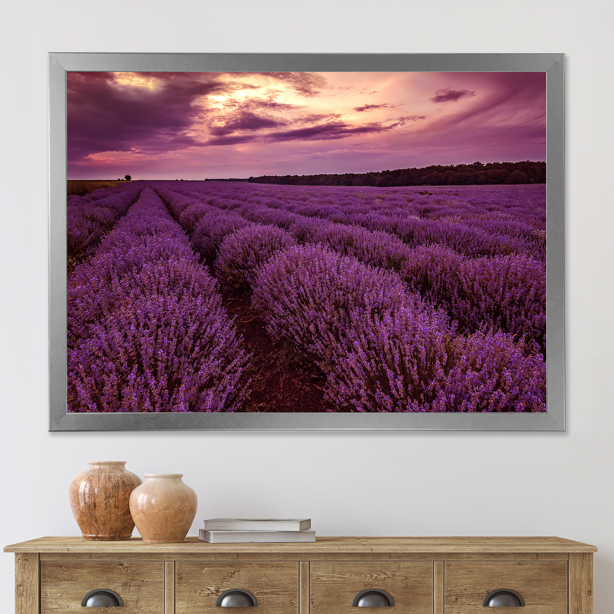 Designart 'Dramatic Clouds and Sunrise Over Lavender Field III' Farmhouse Framed Art Print