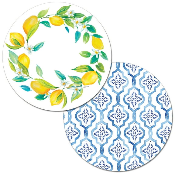 Wipe-Clean Round Reversible Shaped Placemats, Lovely Lemons, Set of 2, Made in The USA